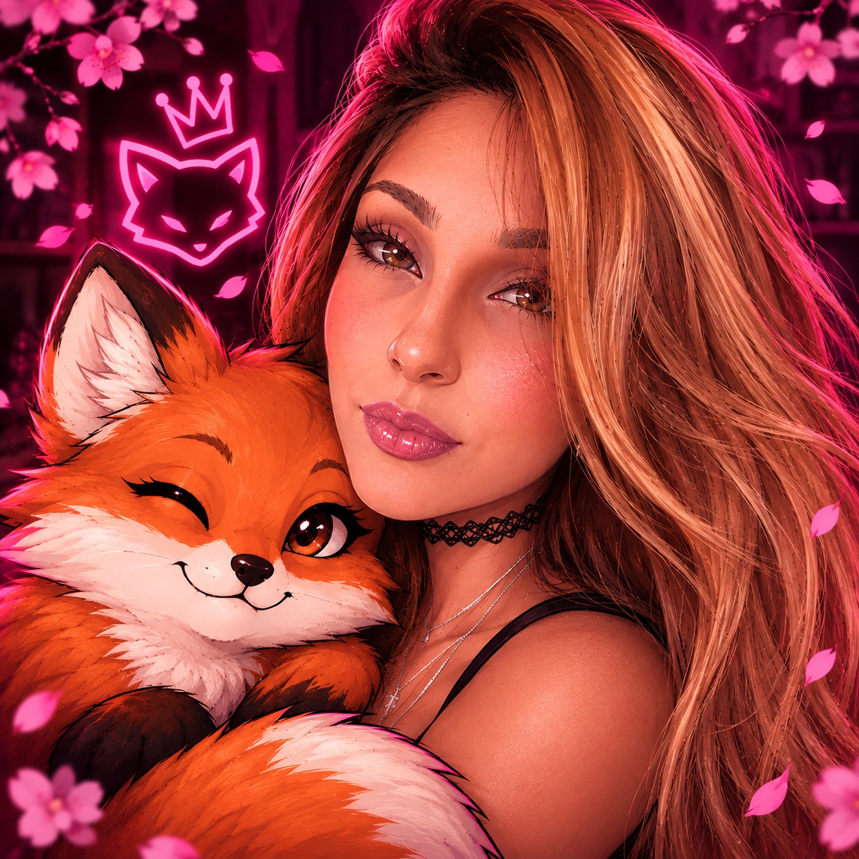 Kitsune, de cabelo ruivo comprido, encostada a uma raposa que pisca o olho